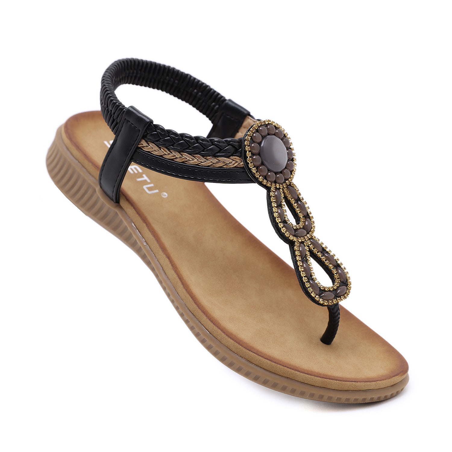 Sandals Bohemian Rhinestone Comfortable round Toe Seaside Holiday Large Size Shoes | Flat Sandals