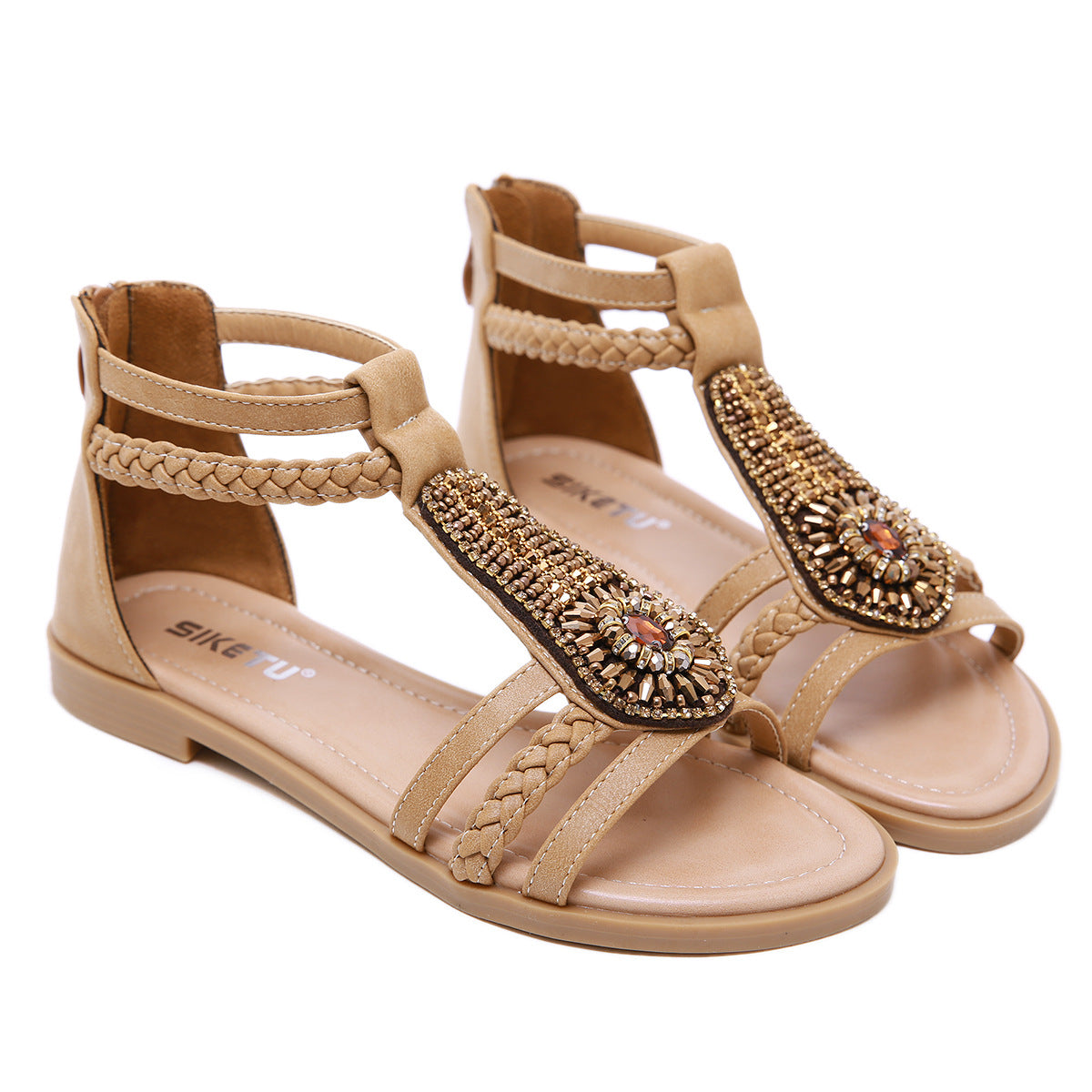 Women's Sandals Bohemia Vintage Beaded Zipper Rhinestone Roman Sandal | Flat Sandals