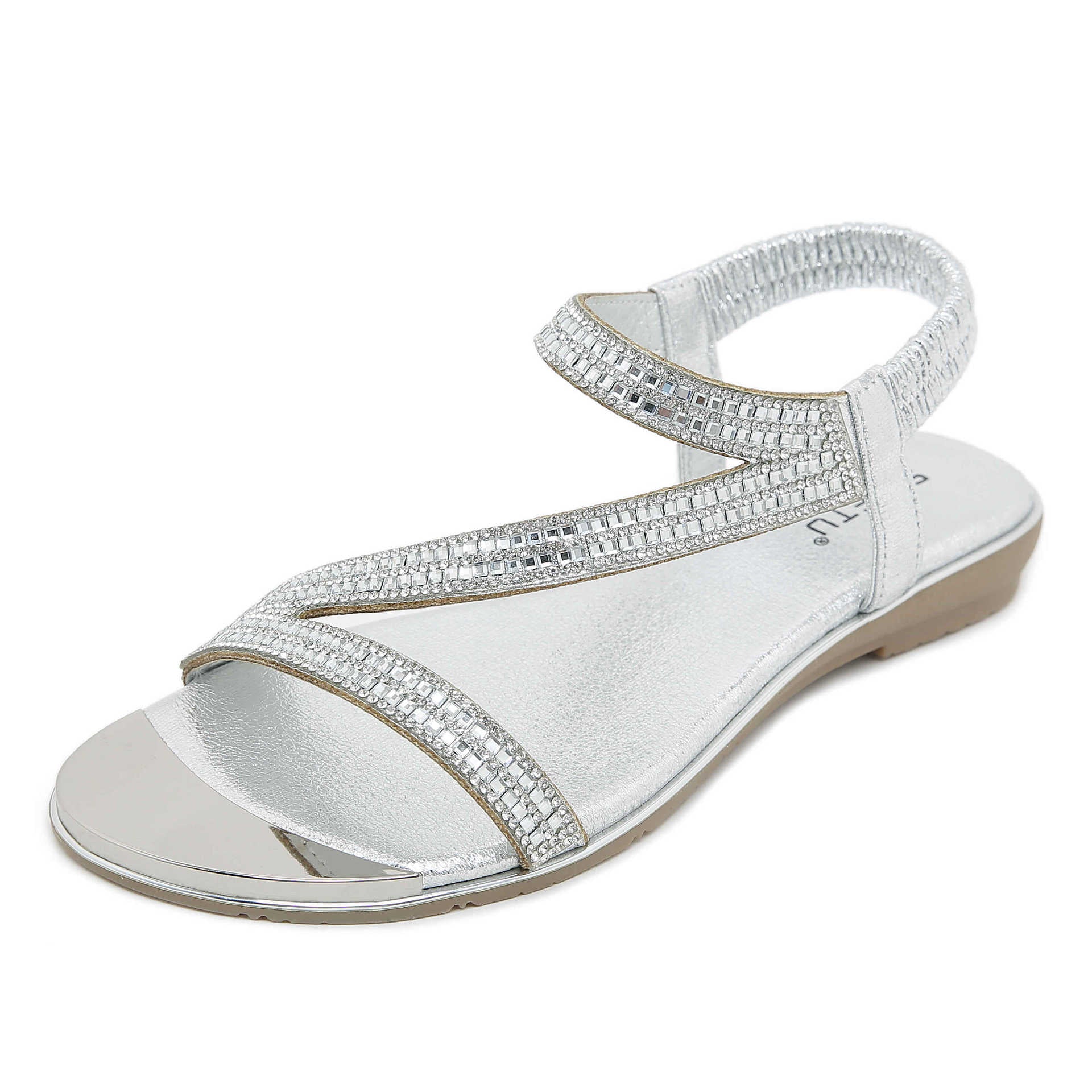 BY2006-2 Fashion Comfortable Open Toe Rhinestone Elastic Strap Sandals Women | Flat Sandals