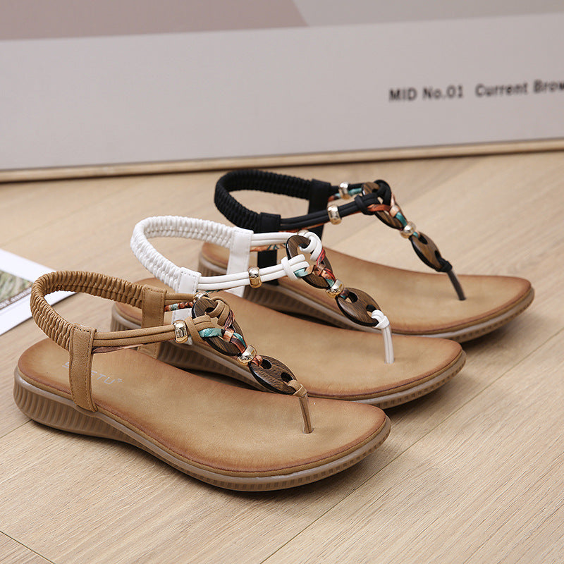 Z2927-4 Women's Sandals Wooden Bead Buckle Casual | Flat Sandals