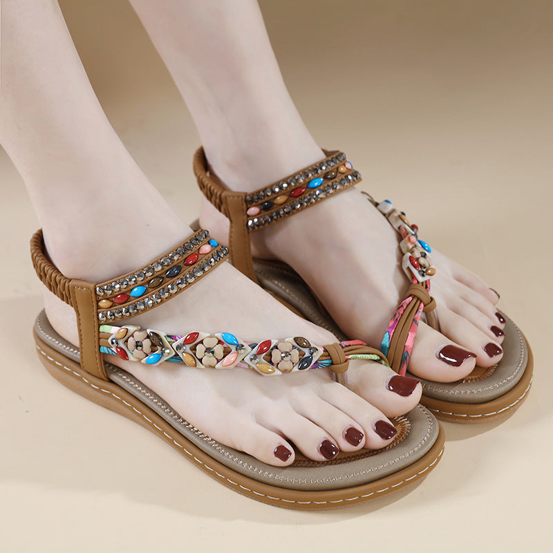 W676-3 Sandals Rhinestone Comfort and Casual Seaside Beach round Toe | Flat Sandals