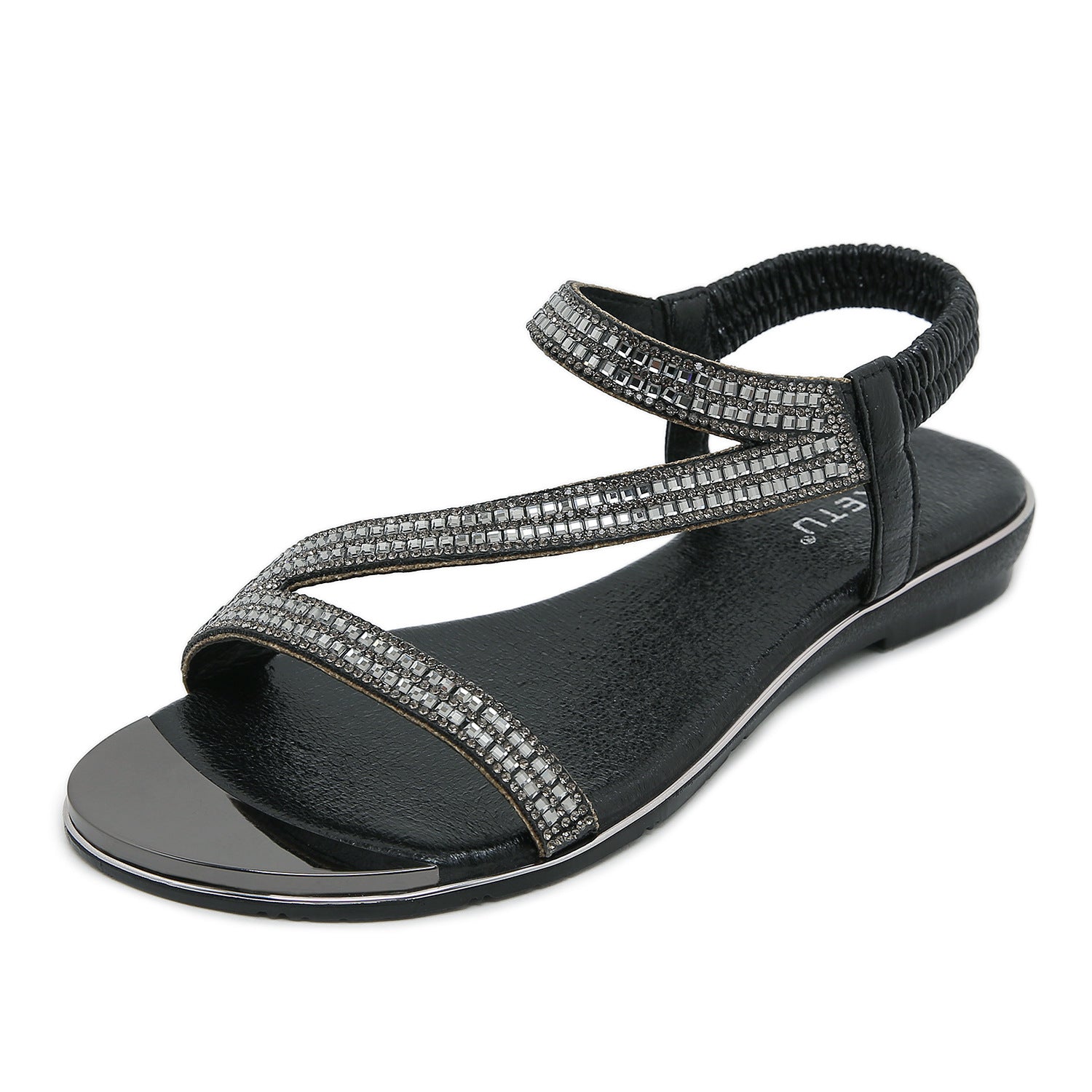 BY2006-2 Fashion Comfortable Open Toe Rhinestone Elastic Strap Sandals Women | Flat Sandals