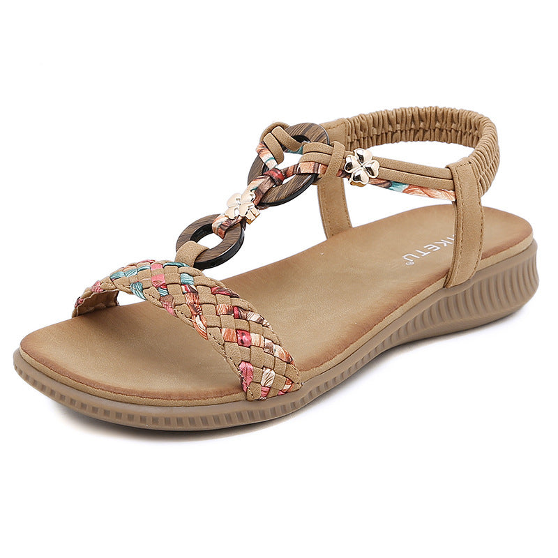 Z2927-3 Sandals Women's Wooden Buckle Woven Casual Shoes | Flat Sandals