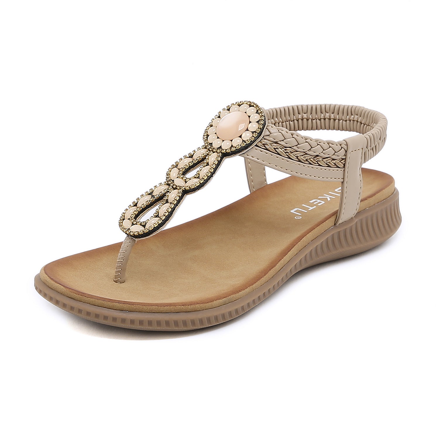 Sandals Bohemian Rhinestone Comfortable round Toe Seaside Holiday Large Size Shoes | Flat Sandals