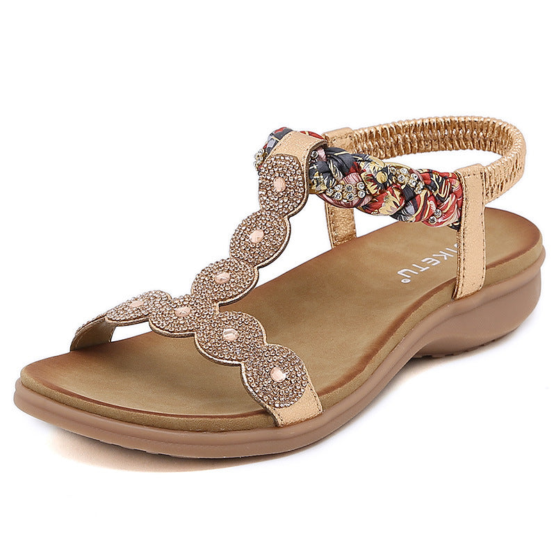 Sandals Bohemian Rhinestone Comfortable round Toe Seaside Holiday Large Size Shoes | Flat Sandals