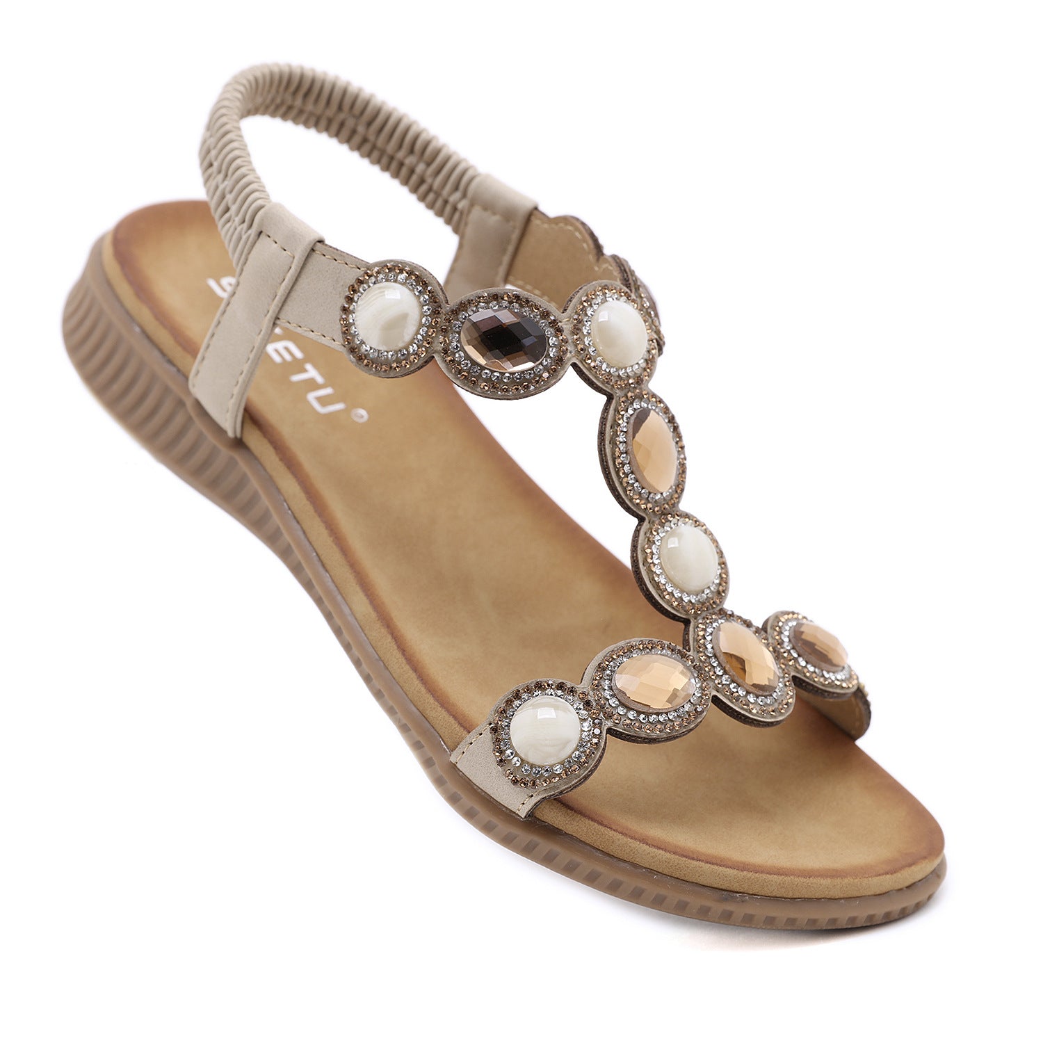 Sandals Bohemian Rhinestone Comfortable round Toe Seaside Holiday Large Size Shoes | Flat Sandals