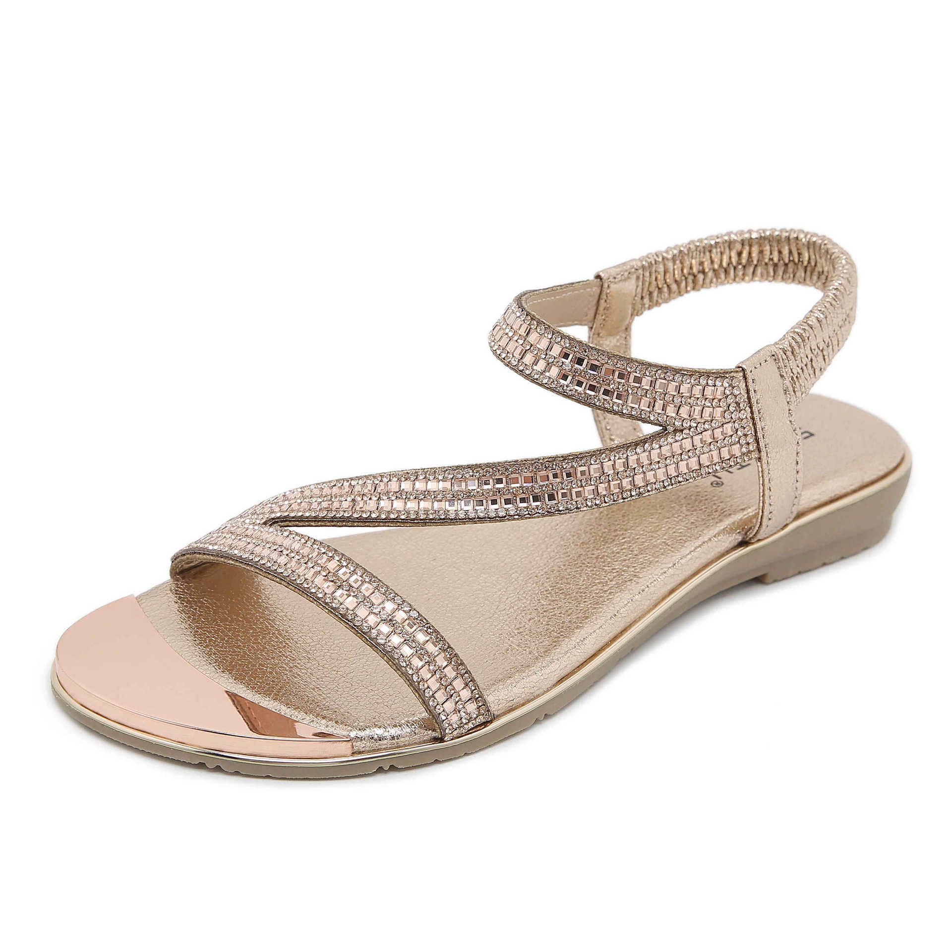 BY2006-2 Fashion Comfortable Open Toe Rhinestone Elastic Strap Sandals Women | Flat Sandals