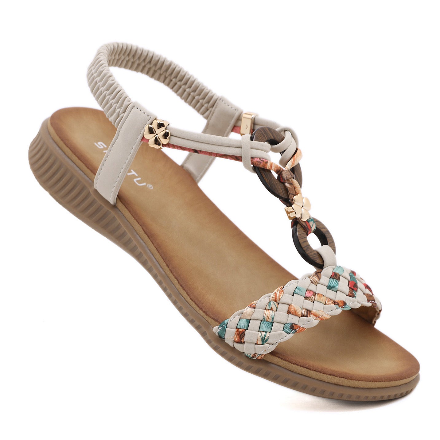 Z2927-3 Sandals Women's Wooden Buckle Woven Casual Shoes | Flat Sandals