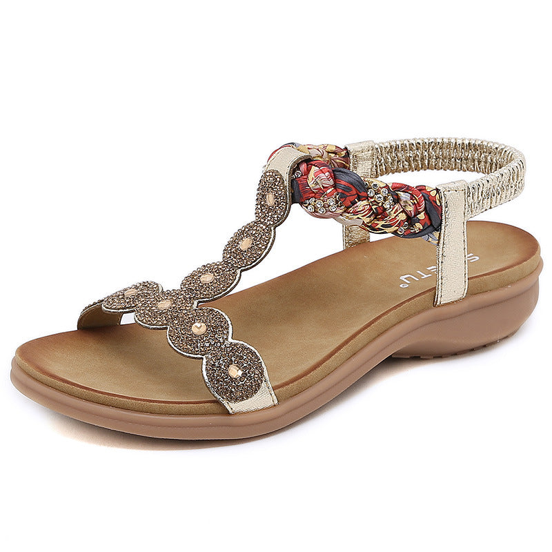 Sandals Bohemian Rhinestone Comfortable round Toe Seaside Holiday Large Size Shoes | Flat Sandals