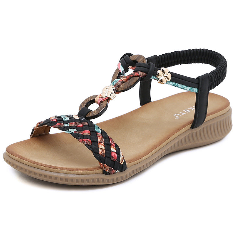 Z2927-3 Sandals Women's Wooden Buckle Woven Casual Shoes | Flat Sandals