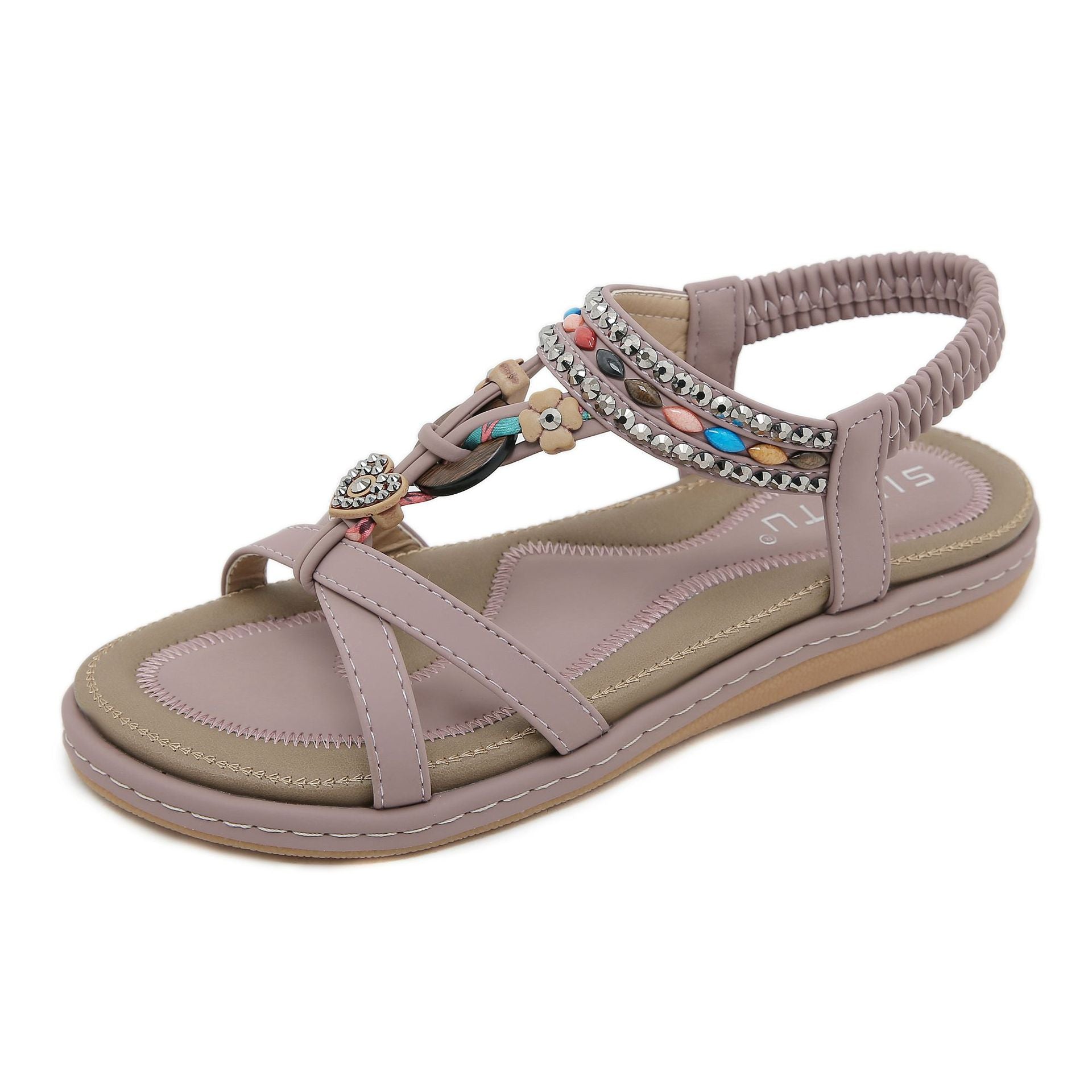 W676-4 Rhinestone Casual Seaside Beach Women's Comfortable All-Match | Flat Sandals