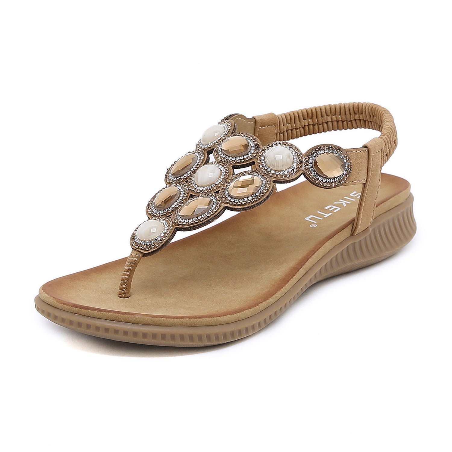 Sandals Bohemian Rhinestone Comfortable round Toe Seaside Holiday Large Size Shoes | Flat Sandals