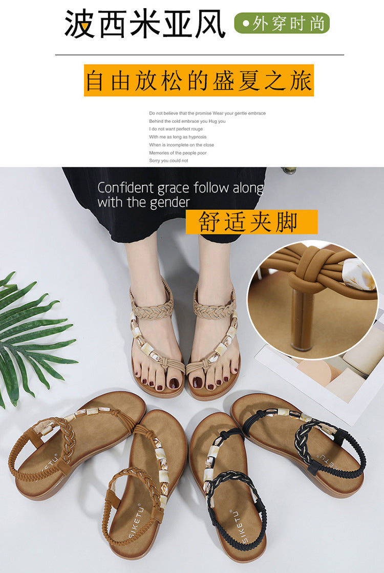Sandals Bohemian Rhinestone Comfortable round Toe Seaside Holiday Large Size Shoes | Flat Sandals