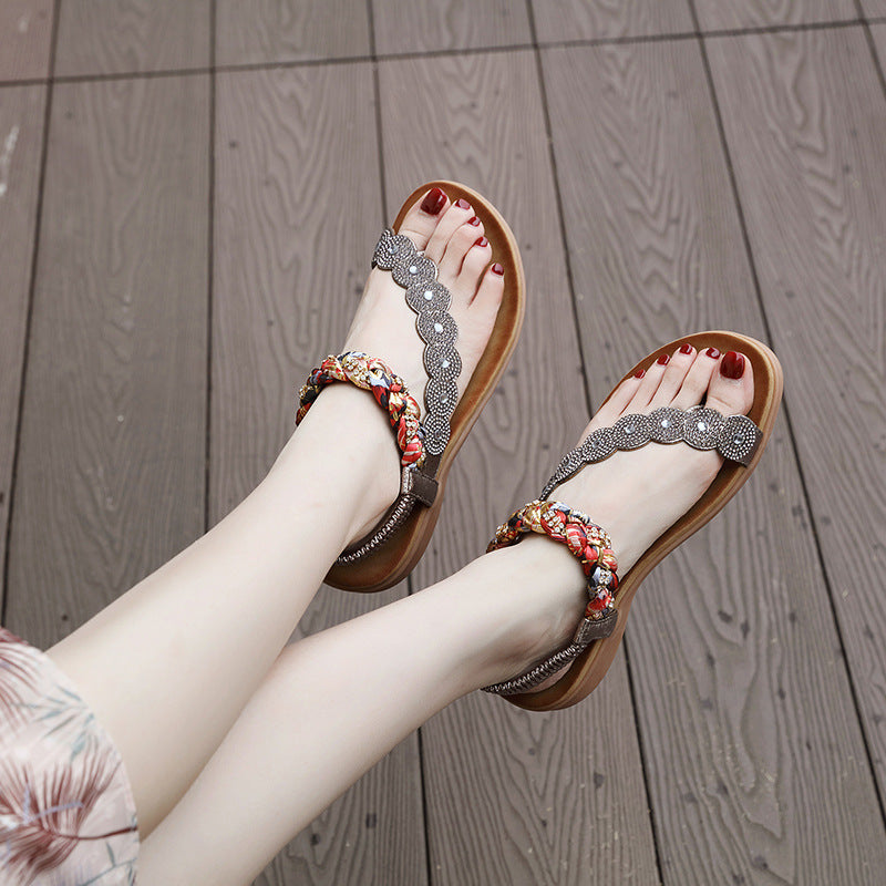 Sandals Bohemian Rhinestone Comfortable round Toe Seaside Holiday Large Size Shoes | Flat Sandals