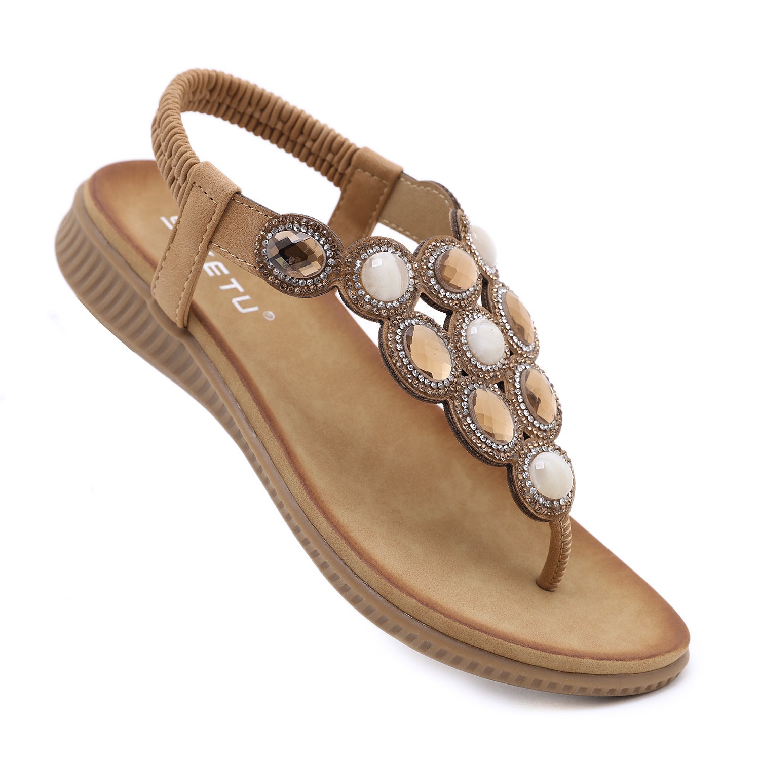 Sandals Bohemian Rhinestone Comfortable round Toe Seaside Holiday Large Size Shoes | Flat Sandals