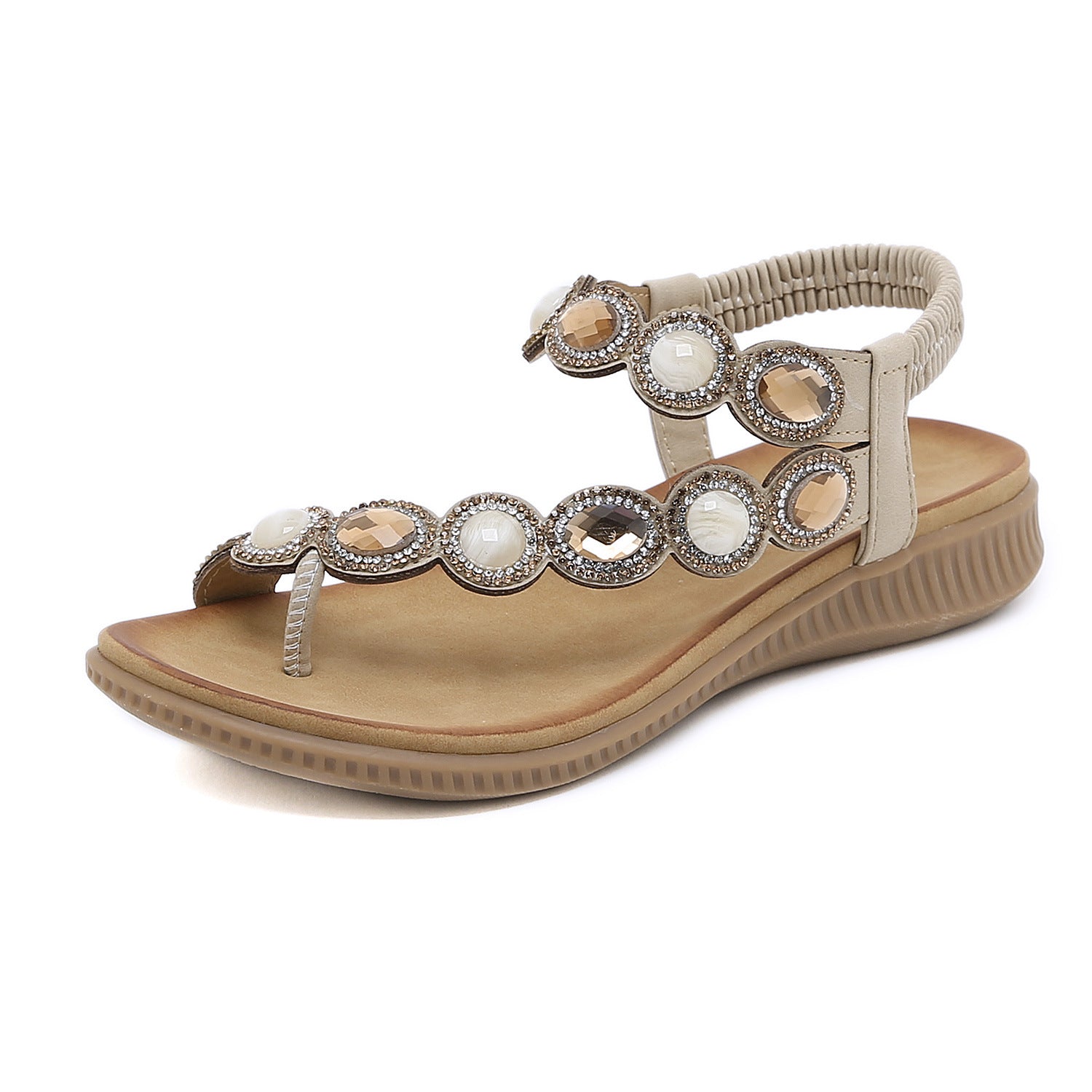Sandals Bohemian Rhinestone Comfortable round Toe Seaside Holiday Large Size Shoes | Flat Sandals
