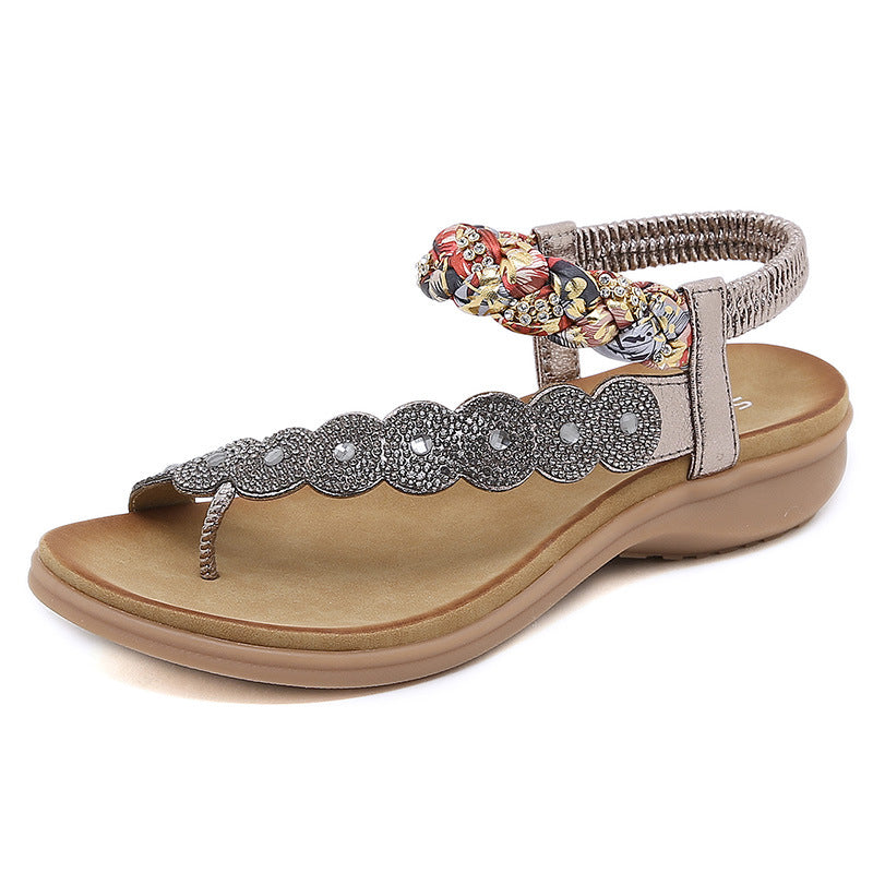 Sandals Bohemian Rhinestone Comfortable round Toe Seaside Holiday Large Size Shoes | Flat Sandals