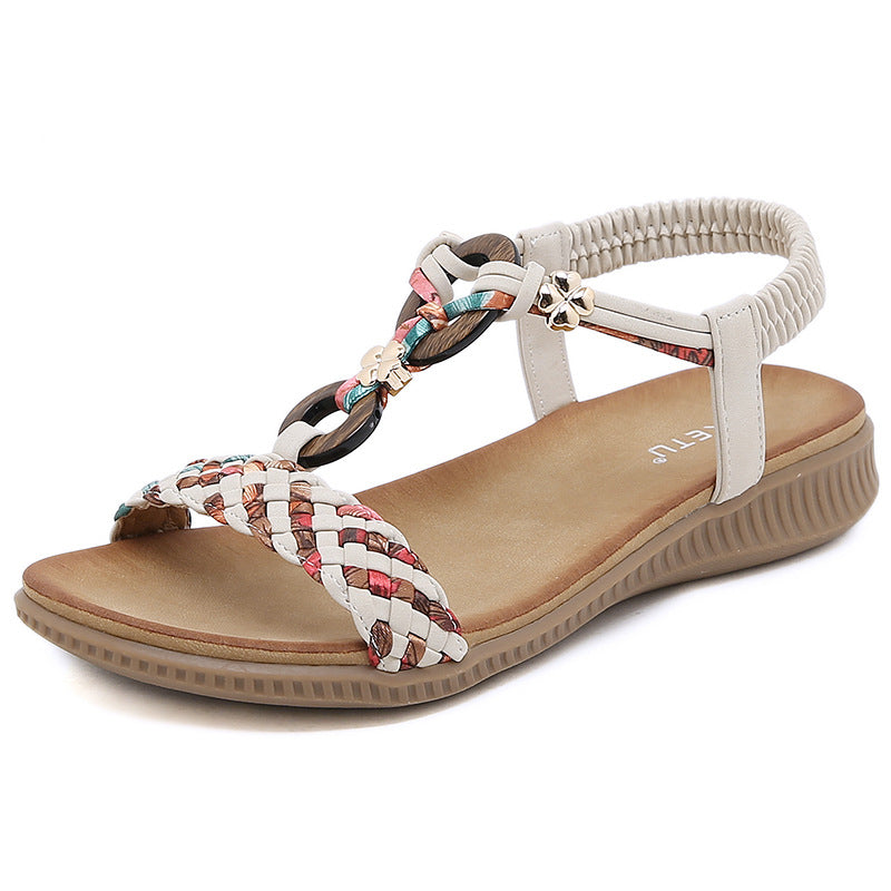 Z2927-3 Sandals Women's Wooden Buckle Woven Casual Shoes | Flat Sandals