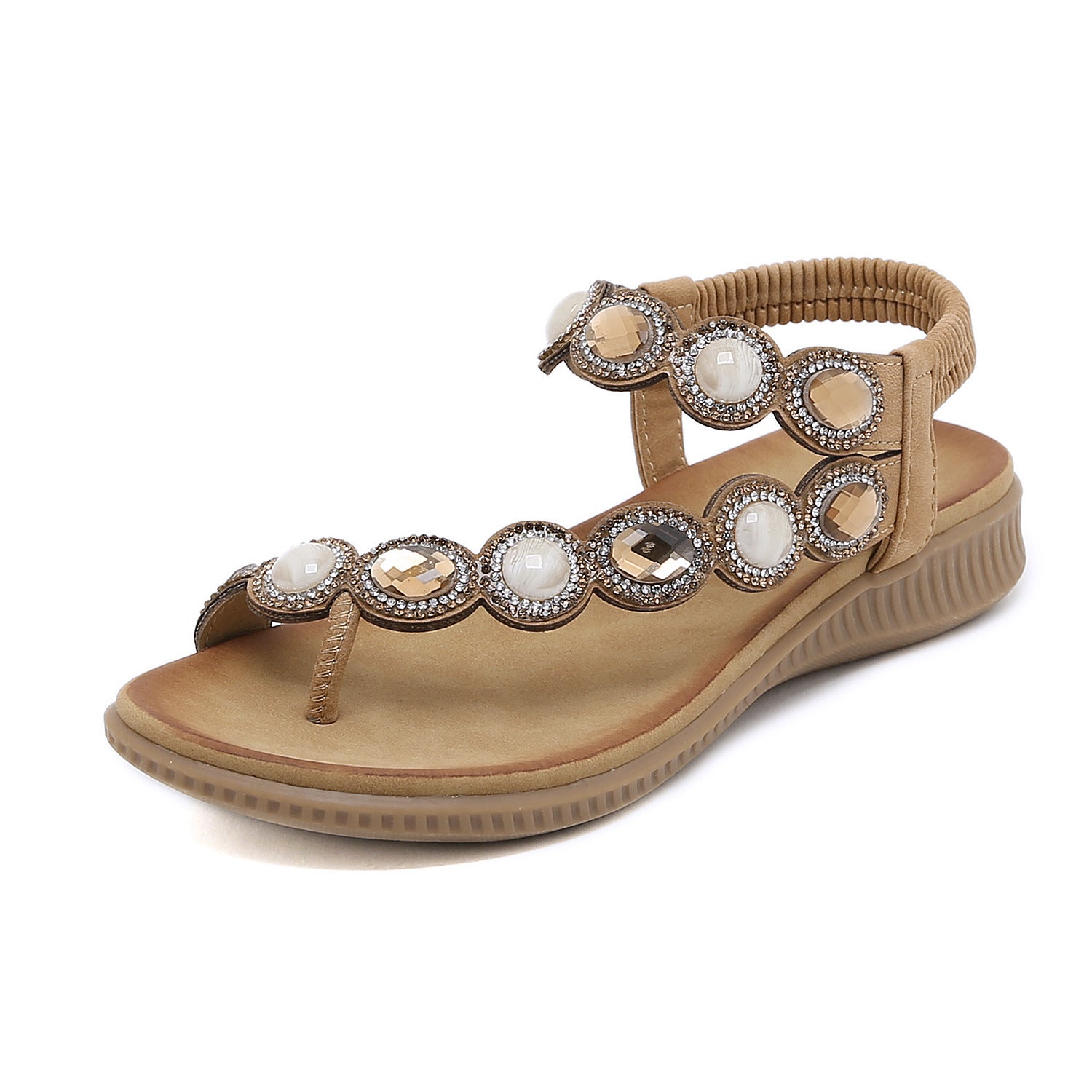 Sandals Bohemian Rhinestone Comfortable round Toe Seaside Holiday Large Size Shoes | Flat Sandals