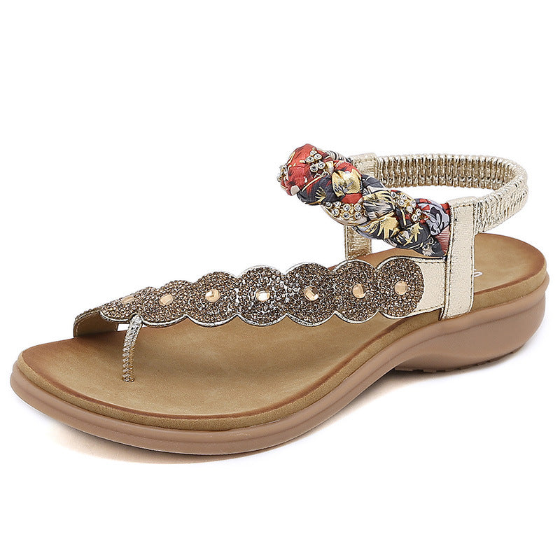 Sandals Bohemian Rhinestone Comfortable round Toe Seaside Holiday Large Size Shoes | Flat Sandals