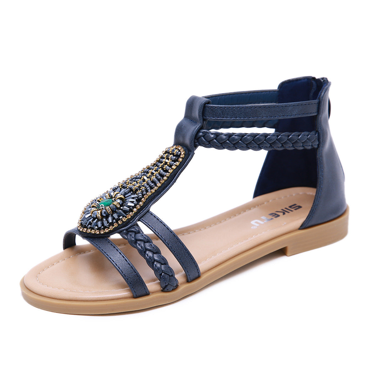 Women's Sandals Bohemia Vintage Beaded Zipper Rhinestone Roman Sandal | Flat Sandals