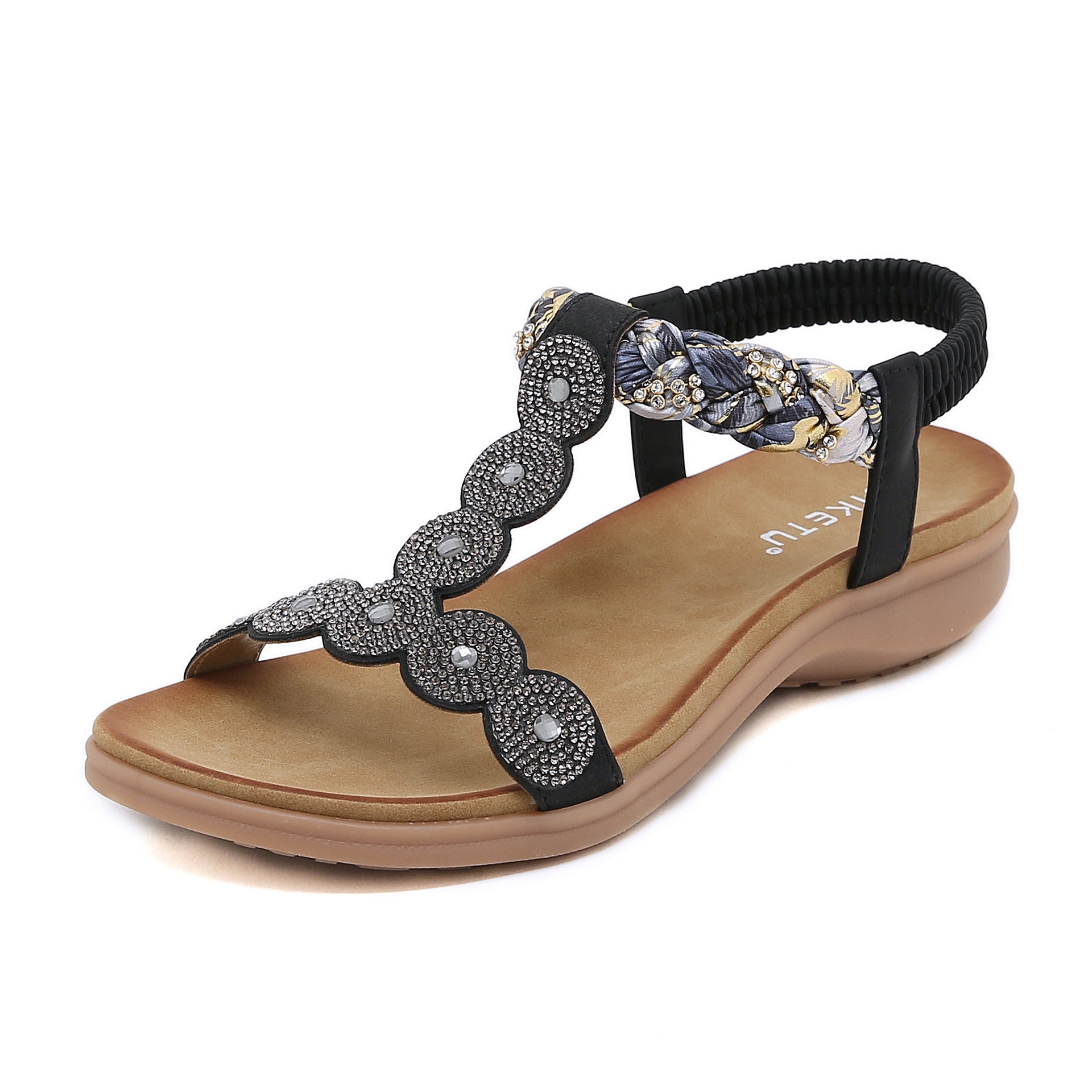 Sandals Bohemian Rhinestone Comfortable round Toe Seaside Holiday Large Size Shoes | Flat Sandals
