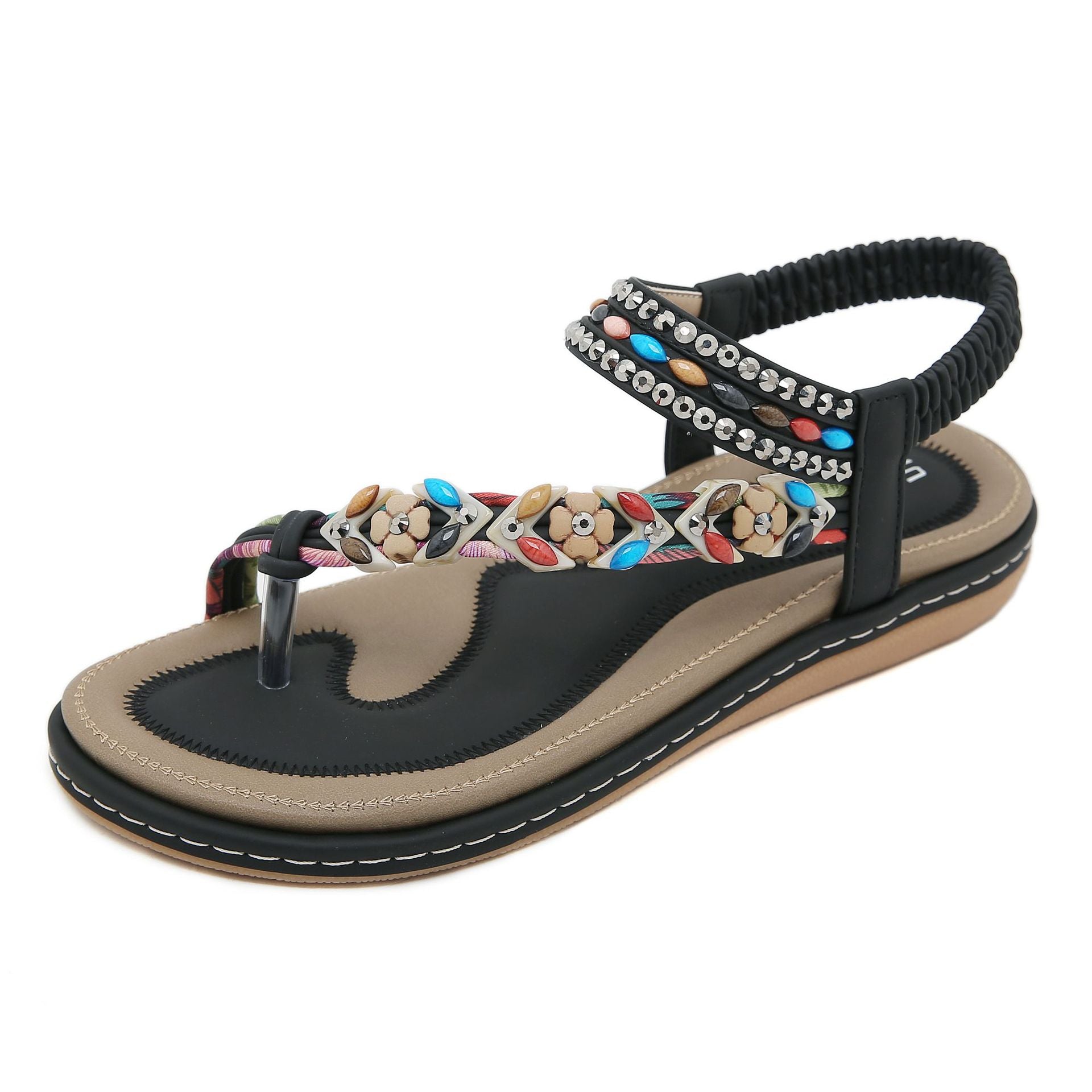 W676-3 Sandals Rhinestone Comfort and Casual Seaside Beach round Toe | Flat Sandals