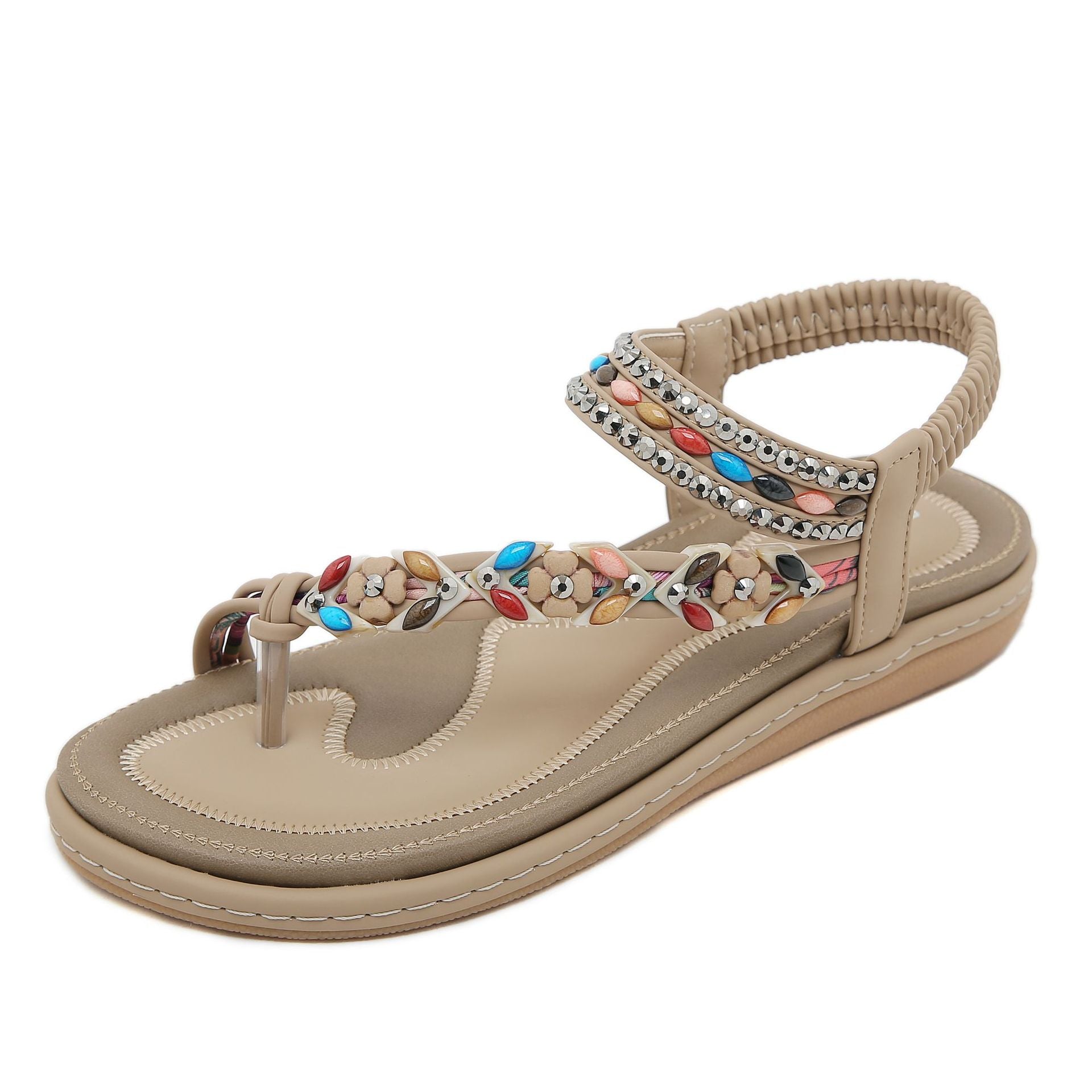 W676-3 Sandals Rhinestone Comfort and Casual Seaside Beach round Toe | Flat Sandals