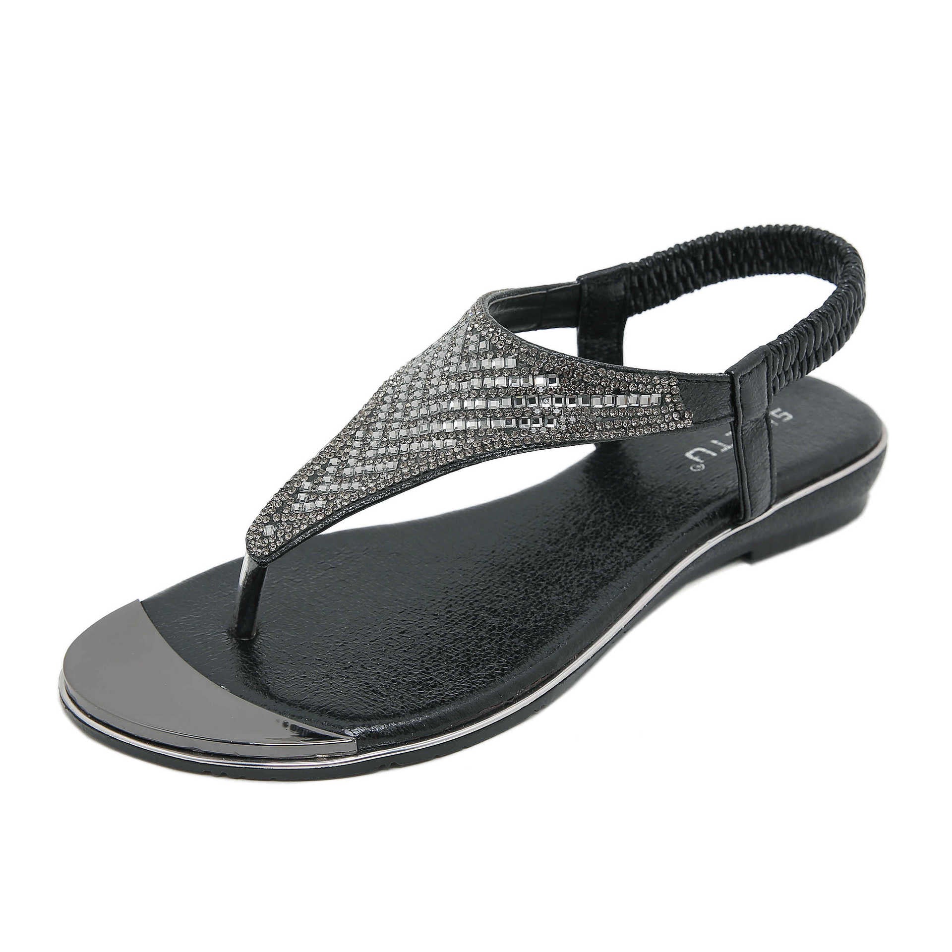 BY2006-5 Rhinestone Flip-Flops Comfortable All-Match Beach Sandals for Women | Flat Sandals