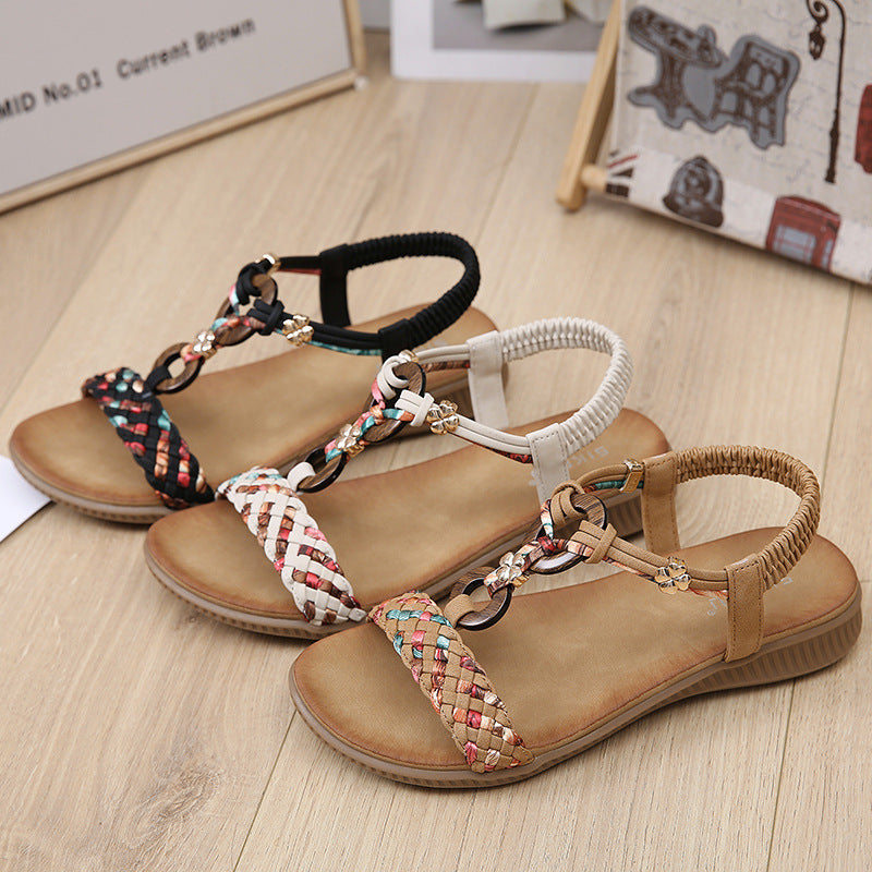 Z2927-3 Sandals Women's Wooden Buckle Woven Casual Shoes | Flat Sandals
