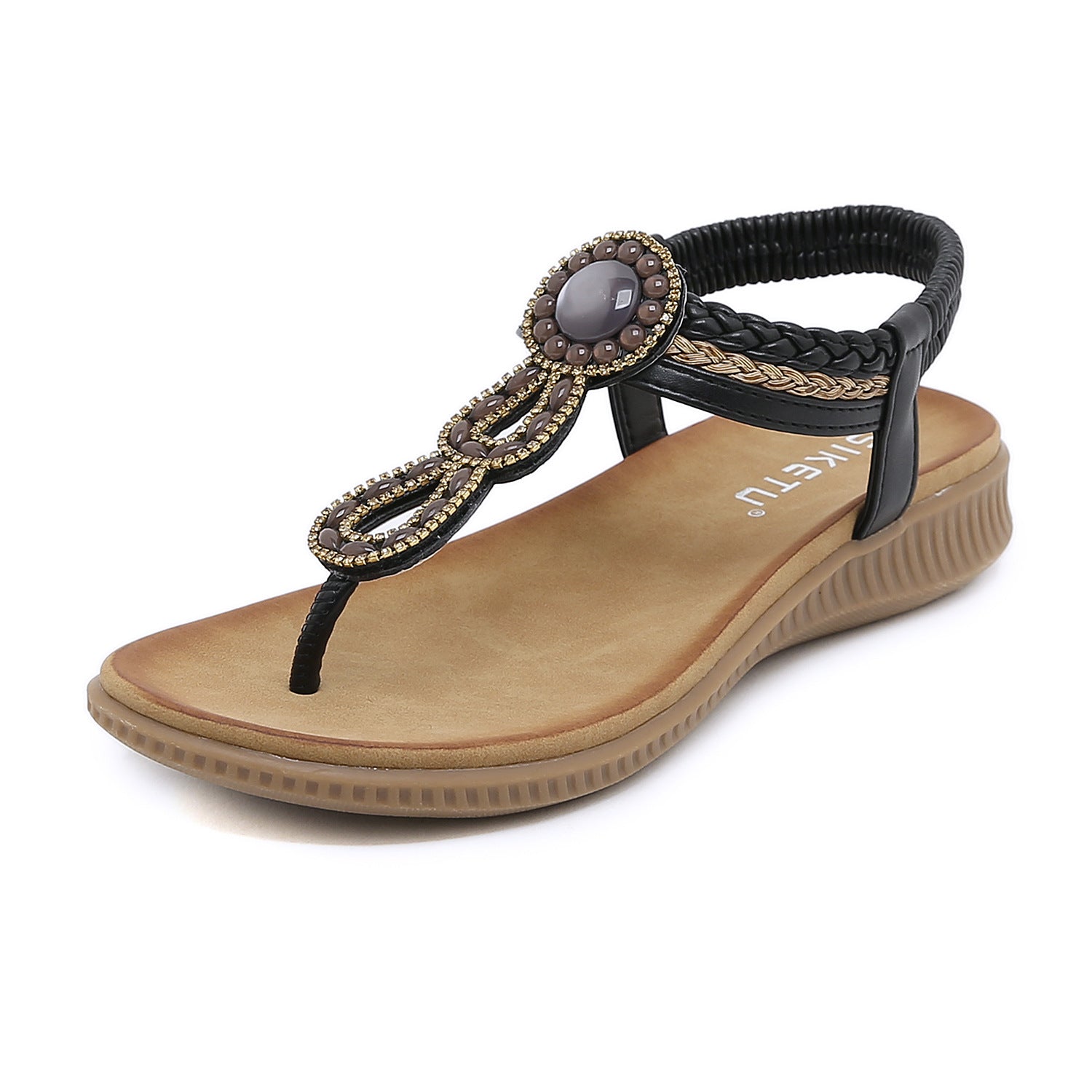 Sandals Bohemian Rhinestone Comfortable round Toe Seaside Holiday Large Size Shoes | Flat Sandals