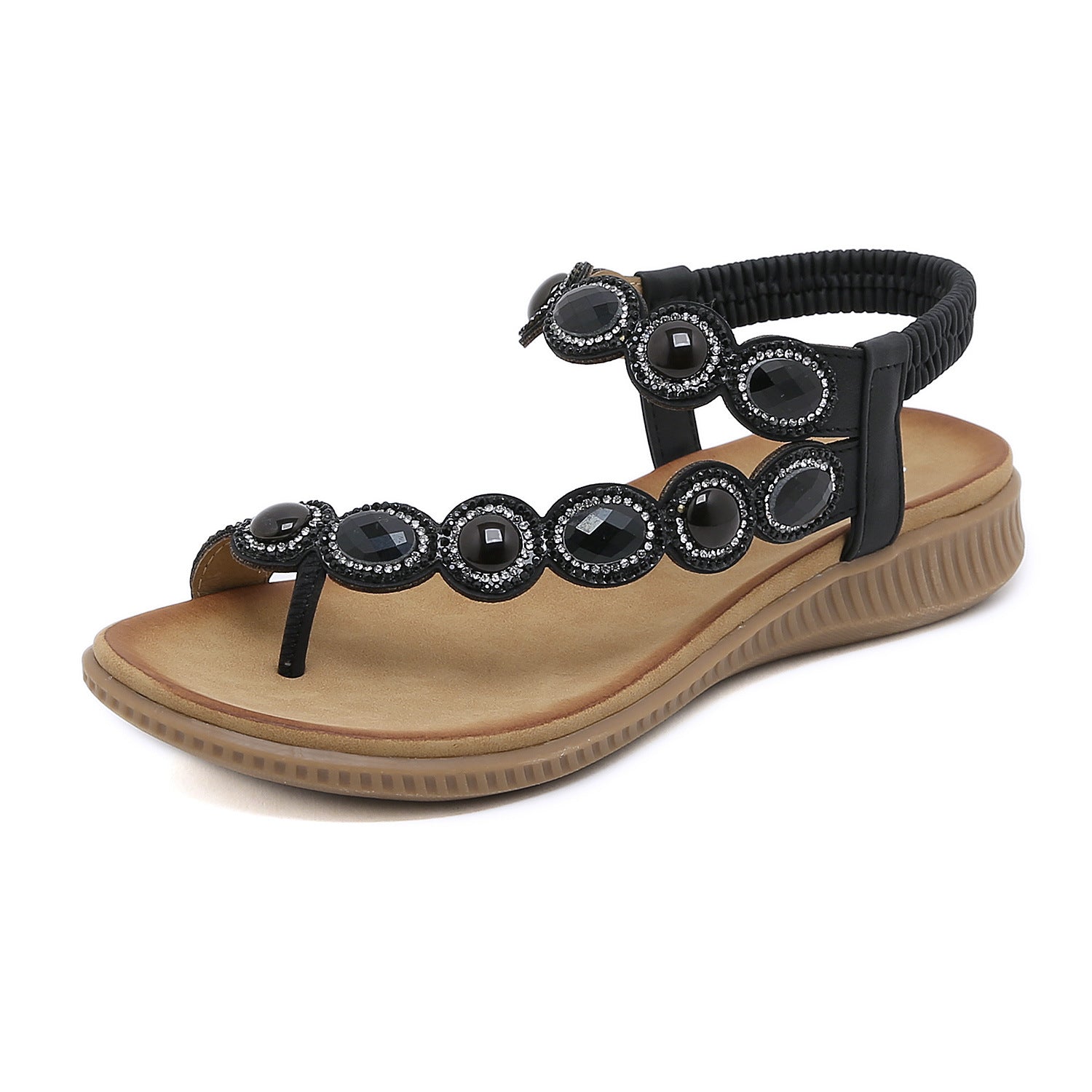 Sandals Bohemian Rhinestone Comfortable round Toe Seaside Holiday Large Size Shoes | Flat Sandals