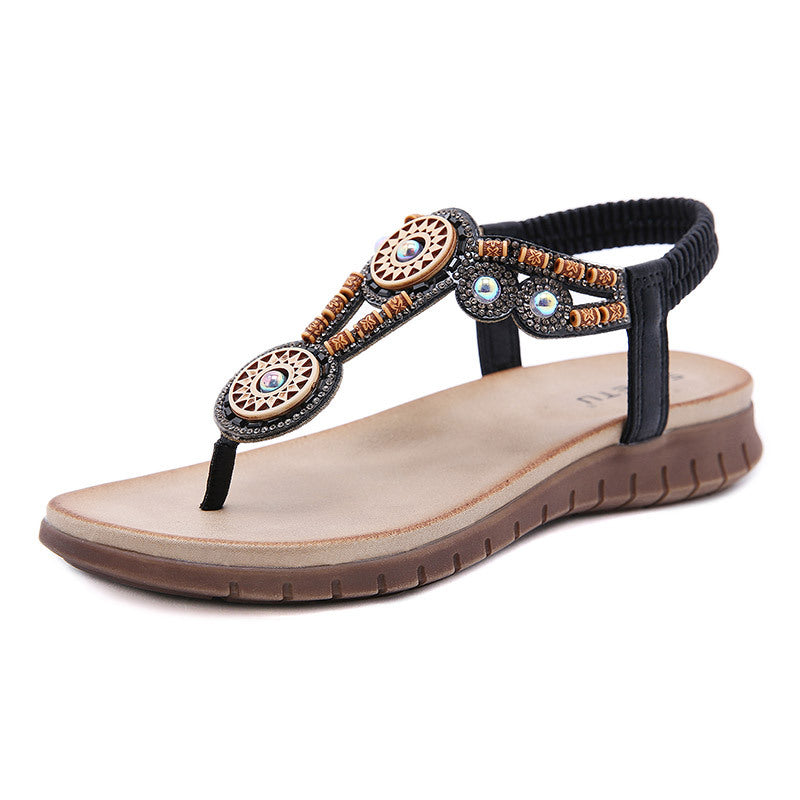 3077-5 Bohemian Sandals Rhinestone Comfortable Value plus Size Beach Shoes | Flat Sandals