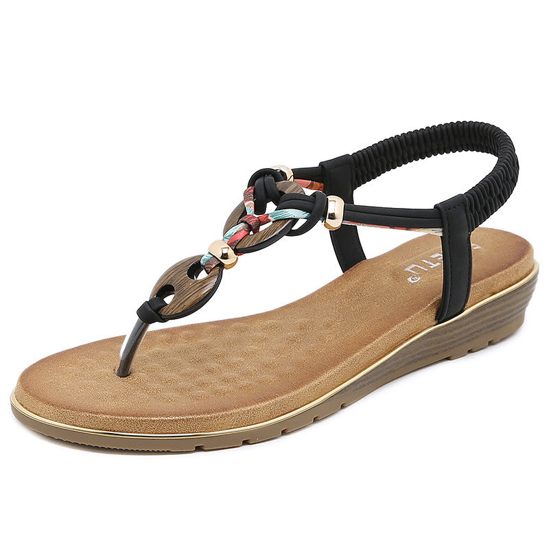 Z8266-3 Women's Sandals Wooden Bead Buckle Casual | Flat Sandals