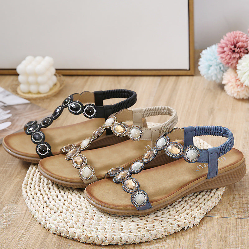 Sandals Bohemian Rhinestone Comfortable round Toe Seaside Holiday Large Size Shoes | Flat Sandals