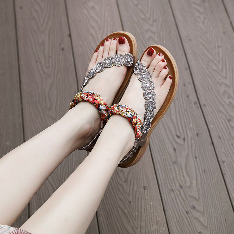 Sandals Bohemian Rhinestone Comfortable round Toe Seaside Holiday Large Size Shoes | Flat Sandals