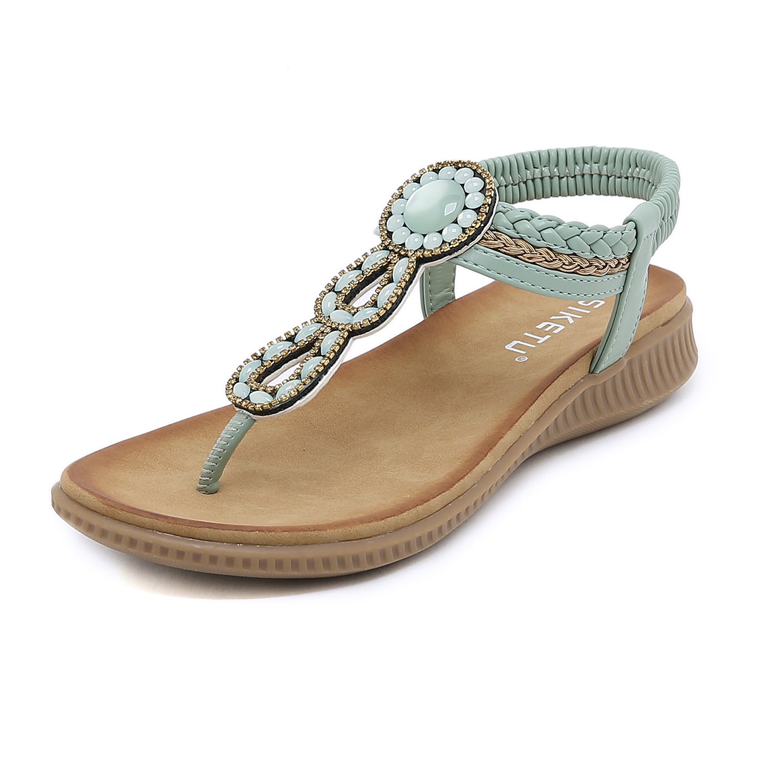 Sandals Bohemian Rhinestone Comfortable round Toe Seaside Holiday Large Size Shoes | Flat Sandals