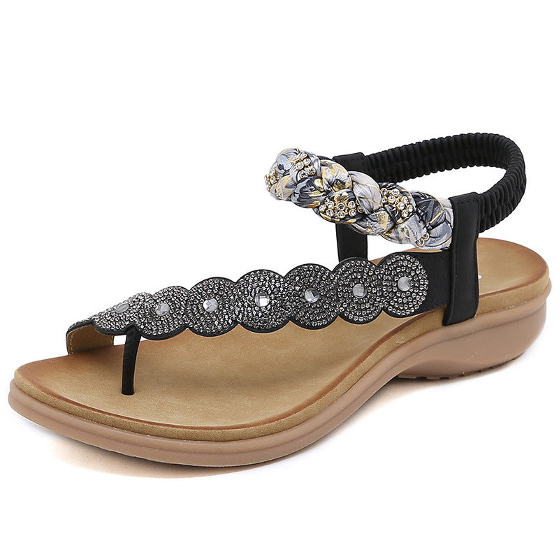 Sandals Bohemian Rhinestone Comfortable round Toe Seaside Holiday Large Size Shoes | Flat Sandals