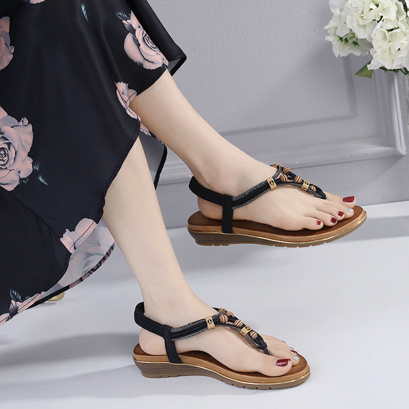 Z8266-1 Women's Sandals Wooden Bead Buckle Casual | Flat Sandals
