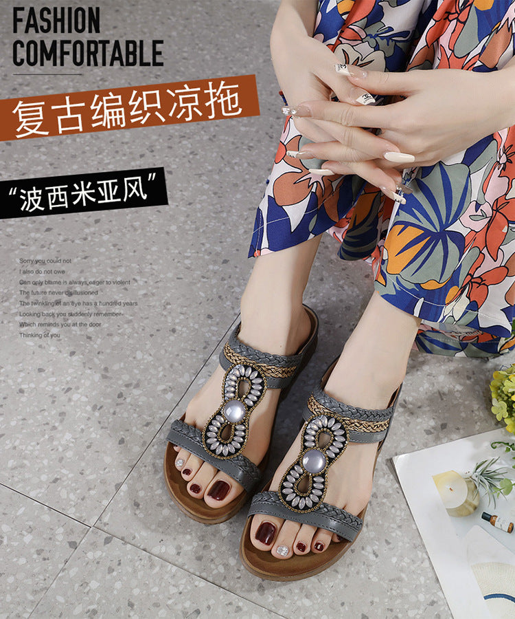 Sandals Bohemian Rhinestone Comfortable round Toe Seaside Holiday Large Size Shoes | Flat Sandals