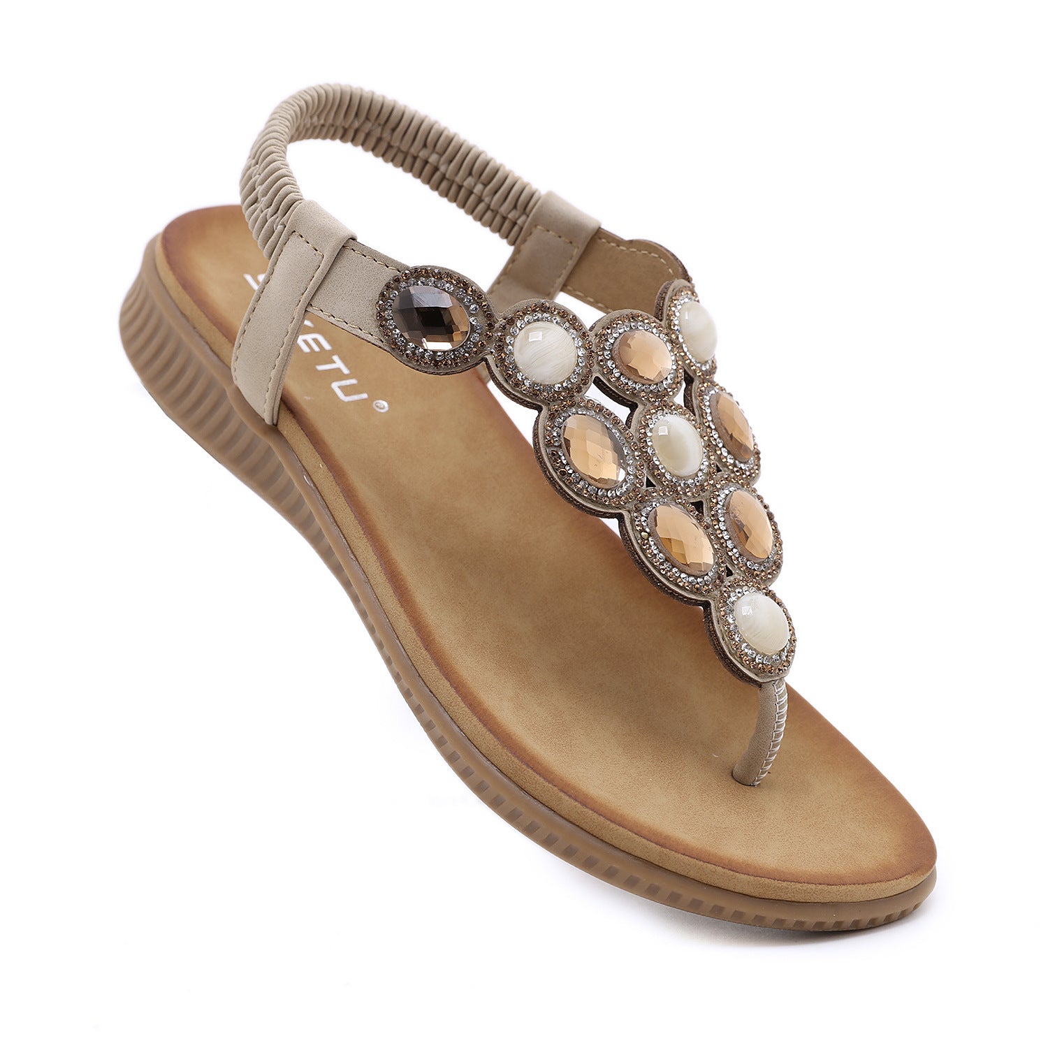 Sandals Bohemian Rhinestone Comfortable round Toe Seaside Holiday Large Size Shoes | Flat Sandals