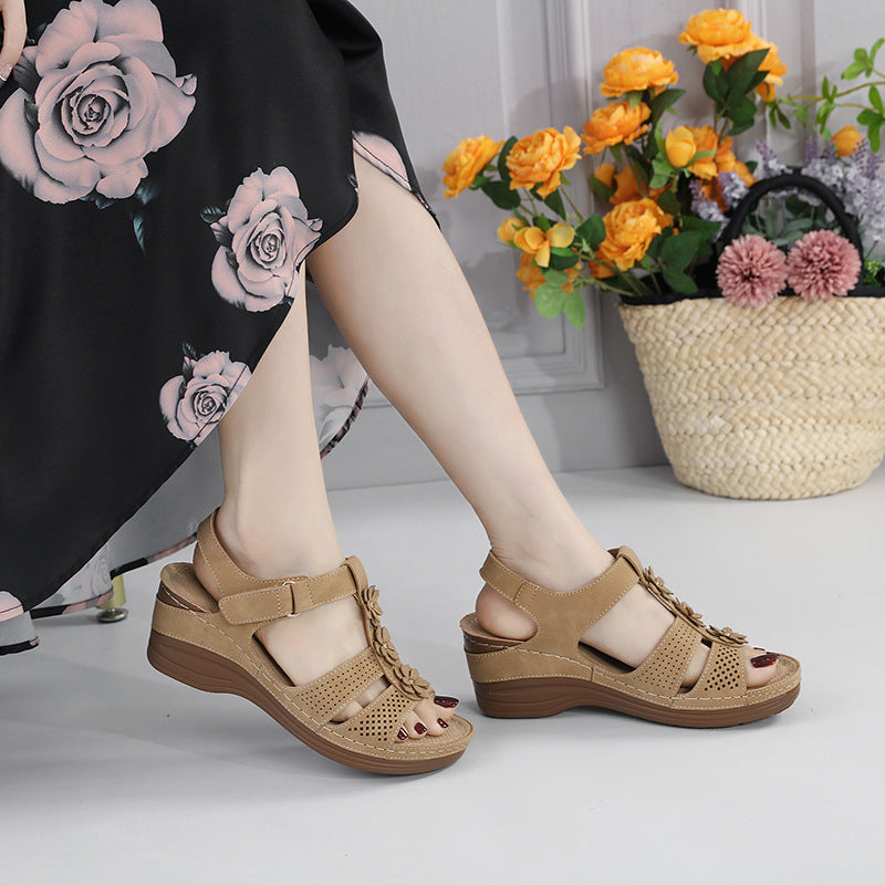 Retro Non-Slip Sole Sandals Women's Stitching Adhesive Wedge Flower Sandals