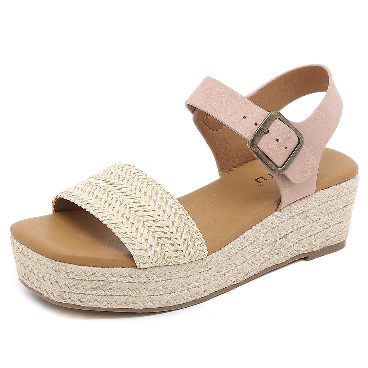 ALM695-3 Woven Wedge Sandals Women's Buckle Solid Color Casual Large Size Shoes