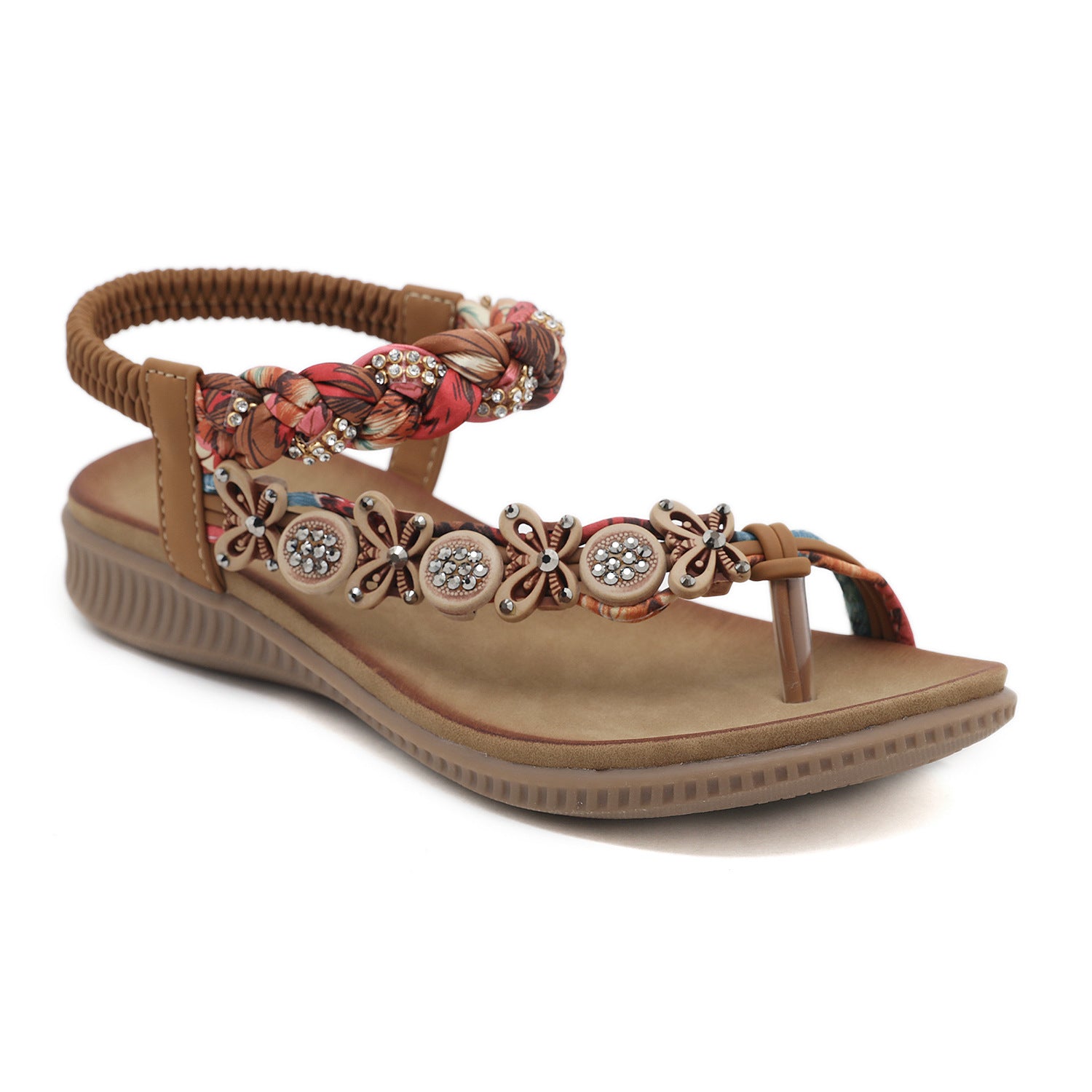 1722-1 Comfortable Bohemian Hand-Woven Ribbon Rhinestone Sandals for Women