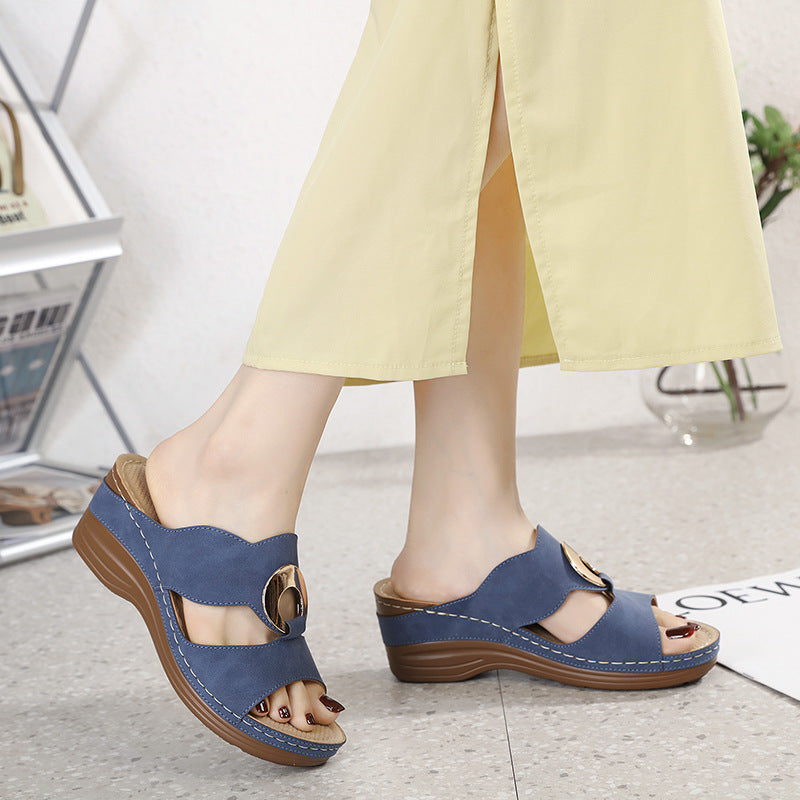 619-2 Women's Shoes Stitching Casual Wedge Metal Large Size Slippers Women