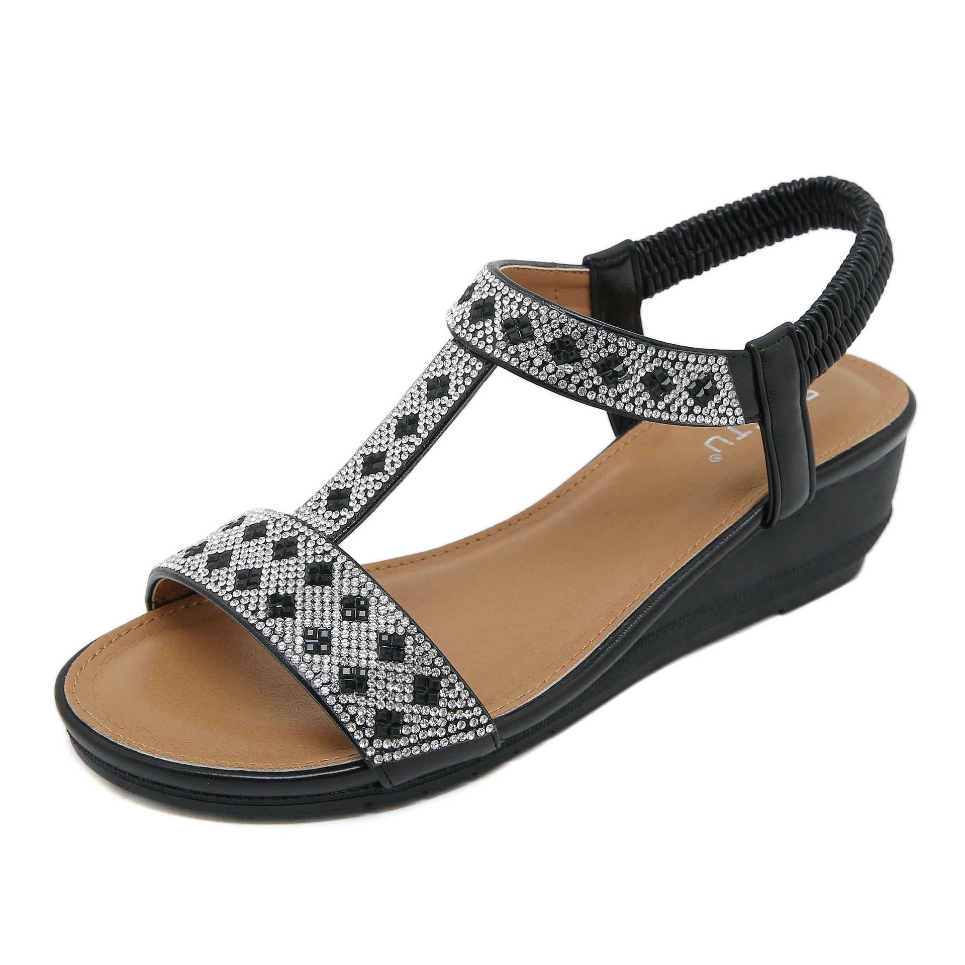 BY1729-1 Fashion Rhinestone Open Toe Non-Slip Wedge Commuter Sandals for Women