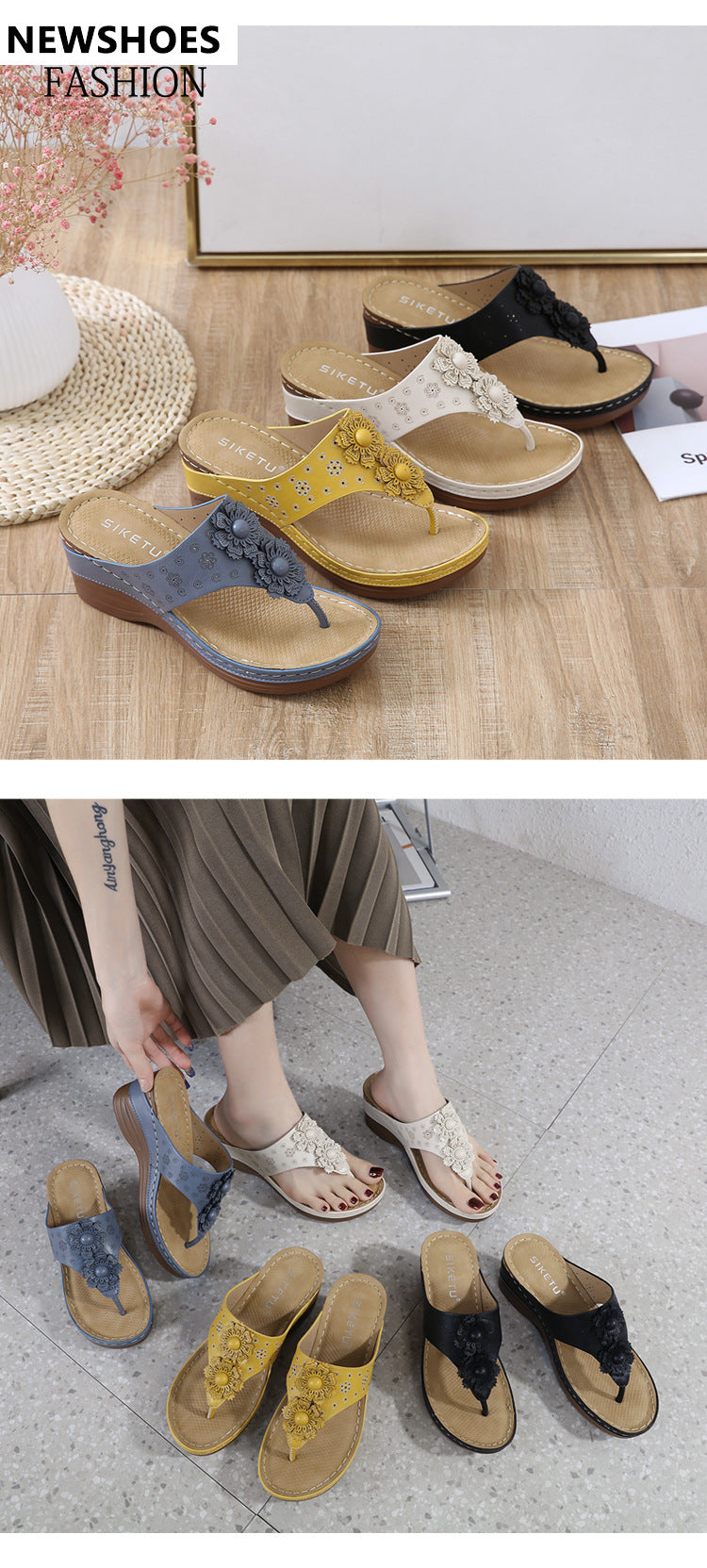 Non-Slip Bottom Women's Shoes Stitching Wedge Ethnic Flower Large Size Slippers Women
