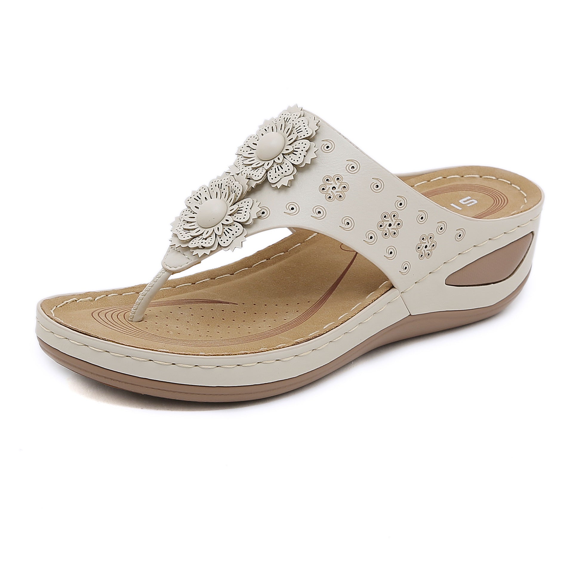 Non-Slip Bottom Women's Shoes Stitching Wedge Ethnic Flower plus Size Slippers Women