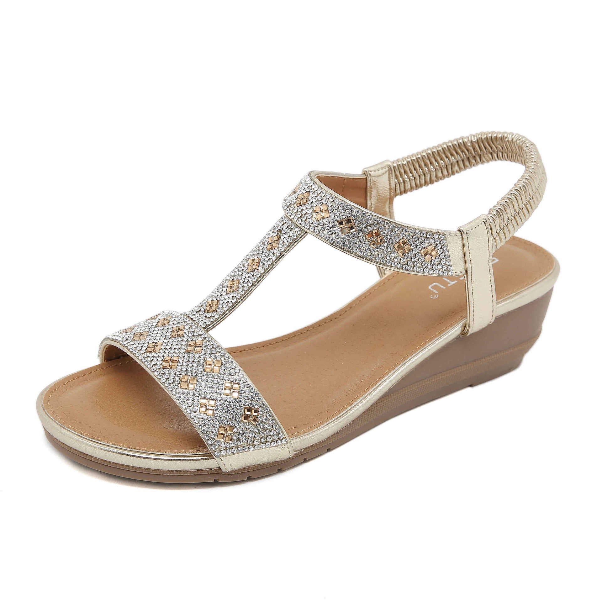 BY1729-1 Fashion Rhinestone Open Toe Non-Slip Wedge Commuter Sandals for Women