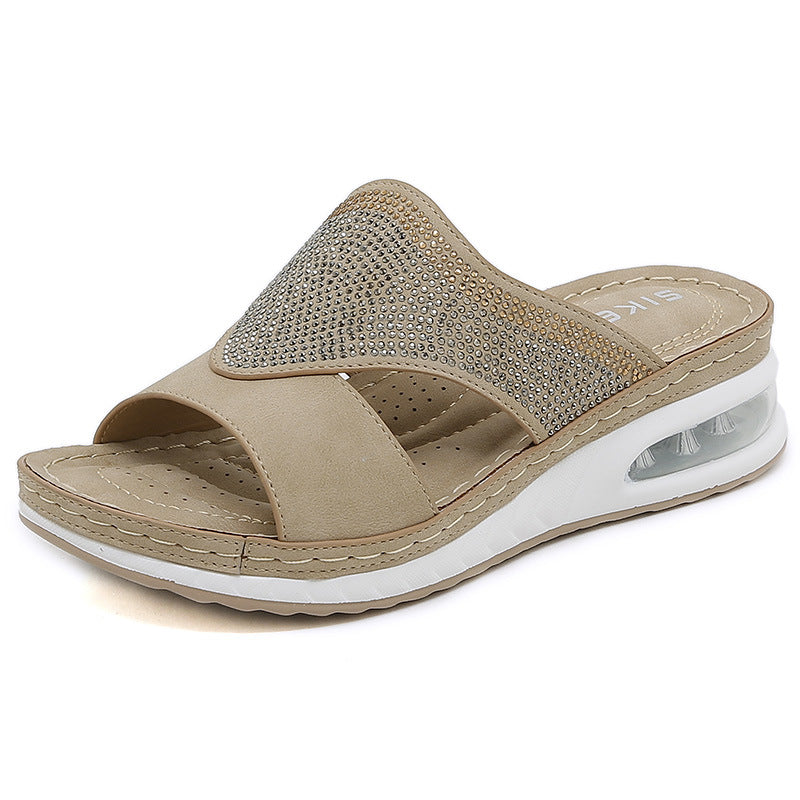 C321-3 Spring and Summer Casual Air Cushion Bottom Large Size Sewing Thread Wedge Comfortable Rhinestone Sandals